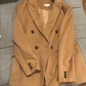 LOFT Tan Double-Breasted Blazer with Structured Shoulders